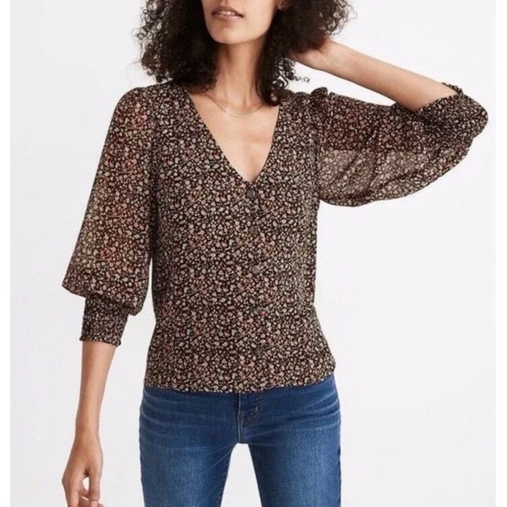Madewell Black Floral V-Neck Puff Sleeve Blouse